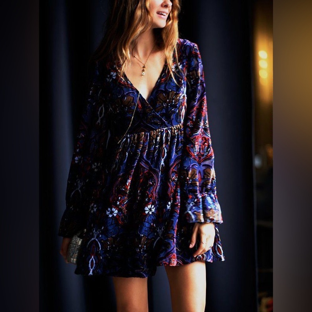 Free People ‘Mystic Charm’ Burnout Velvet Witchy Mini Dress in Blue, Small